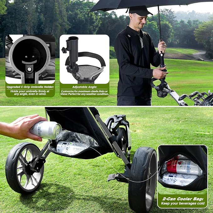 360 Golf Pull Cart: Lightweight Folding Swivel 3 Wheels Golf Caddy with Foot Brake, Cooler Bag, Drink& Umbrella Holder, Gray