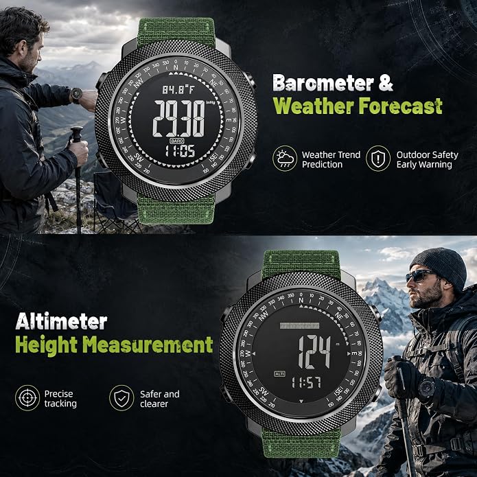 CakCity Digital Watch Military Tactical Watches for Men, 50mm Large Face Zinc Alloy Case with Breathable Double-Layer Nylon Strap, 5ATM Waterproof Shockproof, Altimeter, Barometer, Thermometer, Dual Time, Compass, Alarm, Stopwatch, Countdown