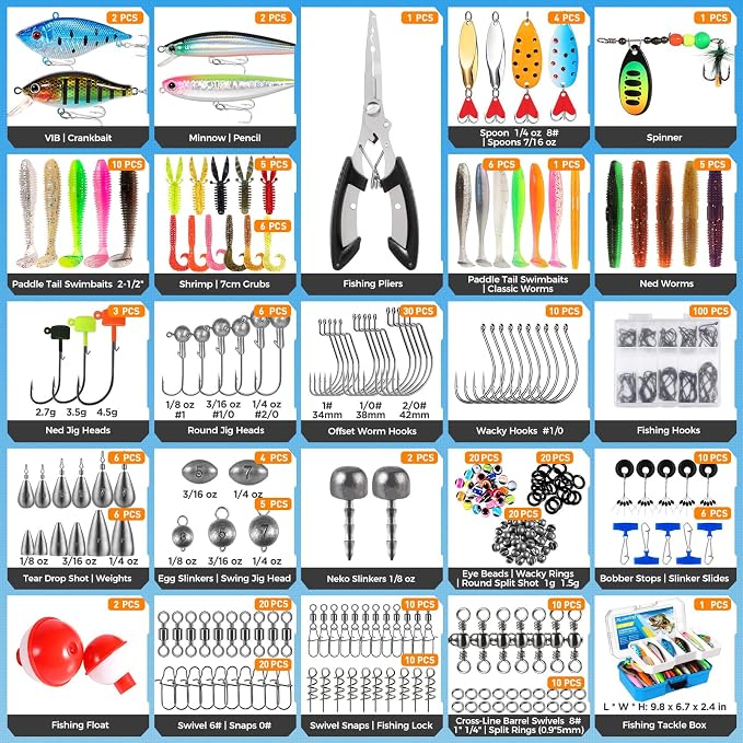 PLUSINNO Fishing Lures Tackle Box Gear Kit with Tackle Included, 373 PCS | Waterproof, Compact & Customizable, for Bass Trout, Freshwater Topwater, 16 Rigs, Fishing Gifts for Men Starter