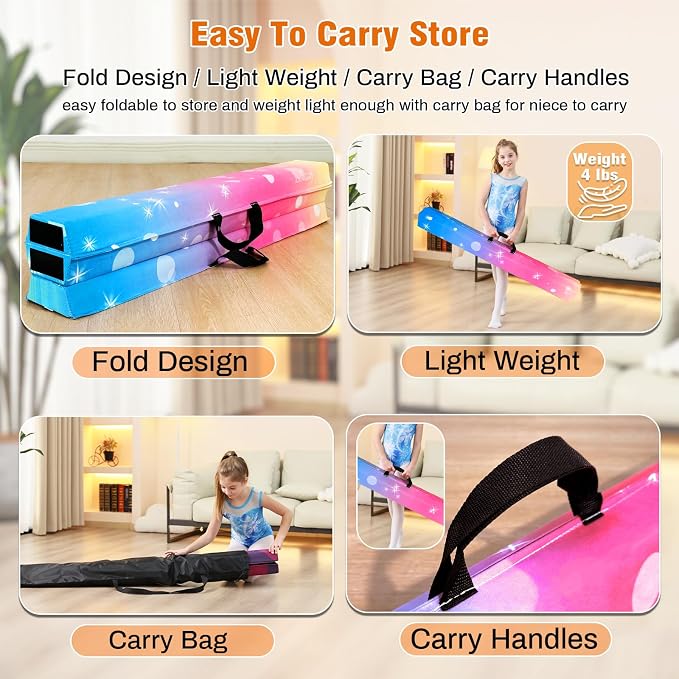 MARFULA 6 FT / 8 FT / 9 FT Folding Gymnastics Beam Foam Balance Floor Beam - Extra Firm - Suede Cover - Anti Slip Bottom with Carry Bag for Kids/Adults Home Use