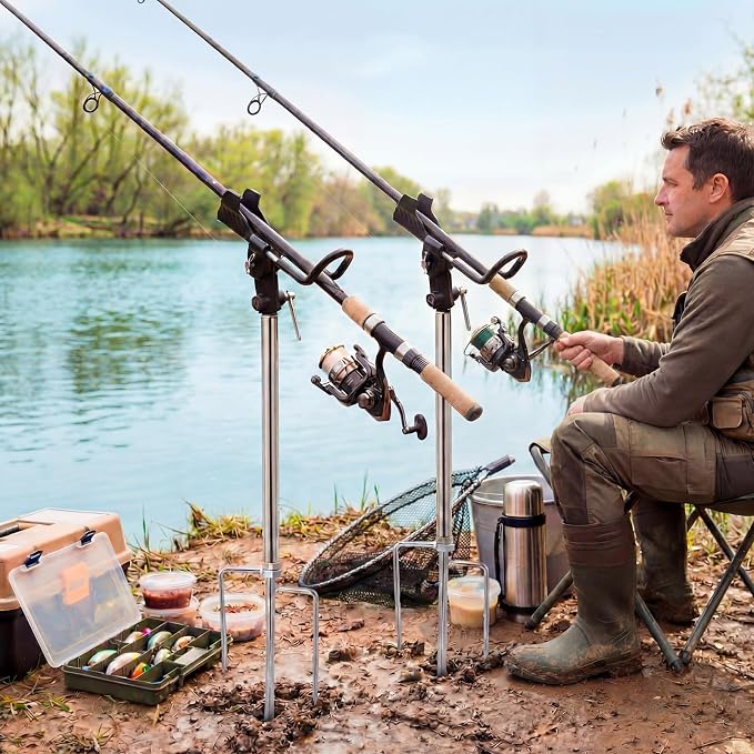Lounsweer 4 Pcs Fishing Rod Holders 360 ° Adjustable Fishing Pole Holders Multifunctional Stainless Steel Ground Fish Rod Pole Brackets for Detachable Fish Equipment Lakes Rivers Gifts Men