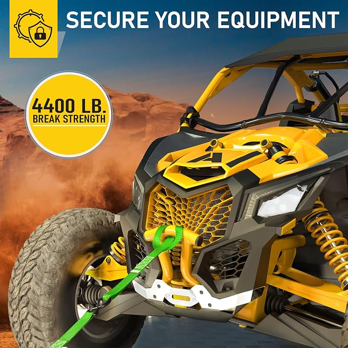 AUGO Heavy Duty Ratchet Straps & Soft Loops – Pack of 4 Extra Strong 1.5” by 15’ Ratchet Straps w/S-Hook Safety Latches & 4 Soft Loop Tie Downs – 4400Lb Break Strength for Motorcycles, ATVs, Etc.