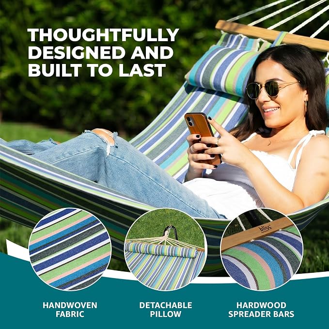 Bliss Hammocks BH-404G 48in Wide Caribbean Hammock w/Pillow, Poolside Patio Backyard Hammock, Includes Straps & Chains, Eco Friendly Polyester & Cotton Blend, 265 Pound Capacity, Candy Stripe