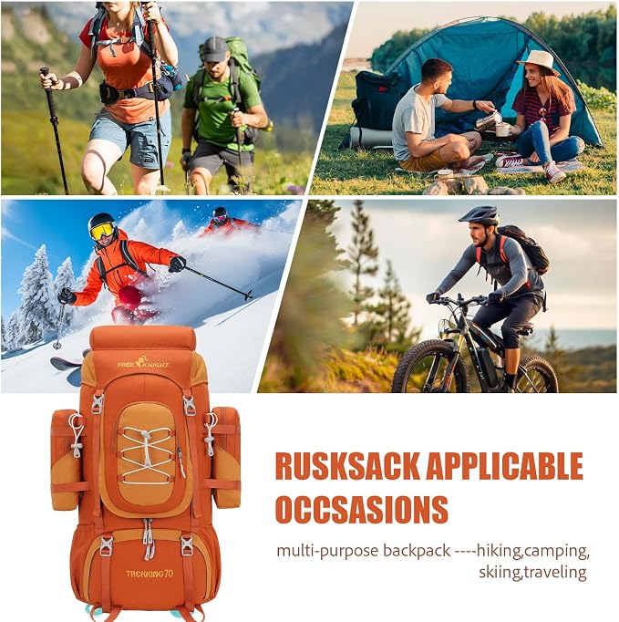 Bseash 70L (65+5) Waterproof Hiking Camping Backpack with Rain Cover, Outdoor Sport Travel Daypack for Climbing Touring (Orange)