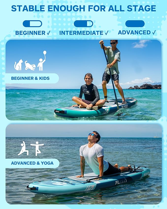 Flyski 11'x34 Ultra Wide Paddle Board, Inflatable Paddle Board&420lb Capacity for All Skill, Inflatable Paddle Board for Adults, Yoga/Family/Fishing Paddle Board, Anti-Slip Deck, US Fin, Pump,100L Bag