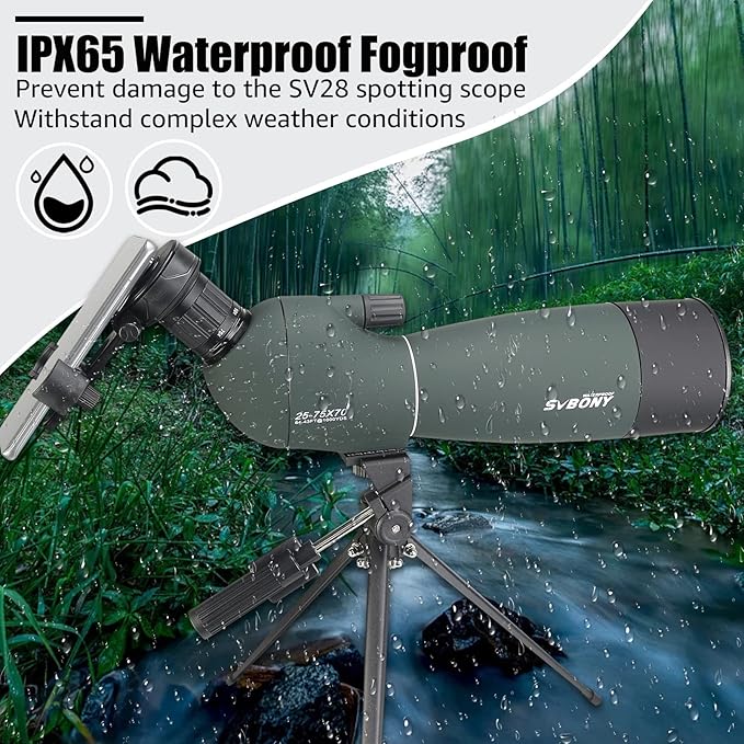 SVBONY SV28 Spotting Scopes with Tripod and Phone Adapter, Angled 25-75x70mm Spotter Scope, Waterproof Fogproof Spotting Scope with Desktop Tripod for Bird Watching, Target Shooting, Wildlife Viewing