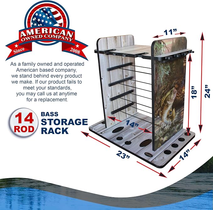 Rush Creek Creations Fishing Rod Holder for 14 Saltwater/Freshwater Rods, Fishing Pole Holder w/ up to 4 Fishing Gear Tackle Box Storage for Garage Organization/Boat Storage for Fishing Accessories | Fishing Pole Holder