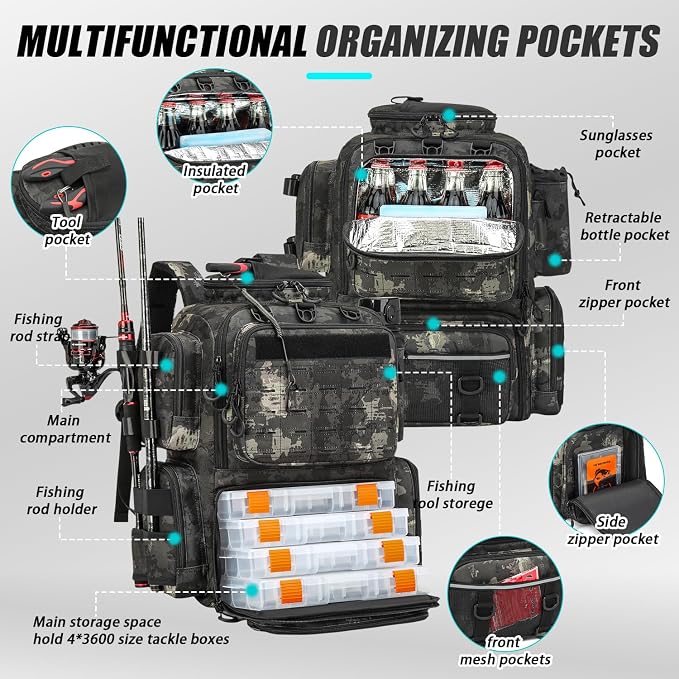 Tactical Fishing Tackle Backpack with Tackle Boxes, Rod Holders, Bottle Holder, 50 L Large Insulated Fishing Backpack Tackle Box with Cooler, Fishing Bag Store Gear & Equipment, Black CM