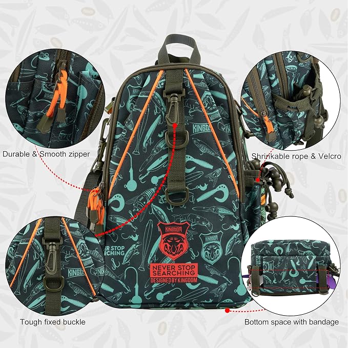 KINGDOM Fishing Tackle Storage Bag With Fishing lure Box, Water-Resistant Fishing Backpack with Rod Holder, Fishing Gear Bag