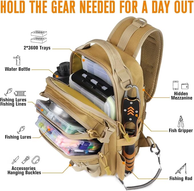 Dovesun Small Fishing Backpack with Tackle Boxes Fishing Sling Bag DIY Embroidery Patches Tackle Bag Gift for Men Khaki
