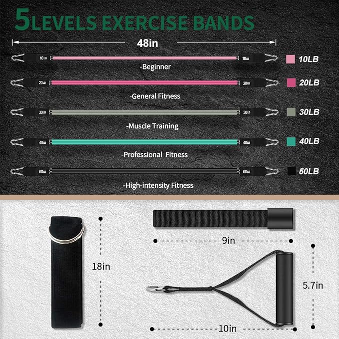 VEICK Resistance Bands Set, 10-150 LBS Stackable Exercise Bands with Handles, Ankle Straps & Door Anchor, Workout Bands for Home Gym, Yoga, Pilates, Physical Therapy for Men Women