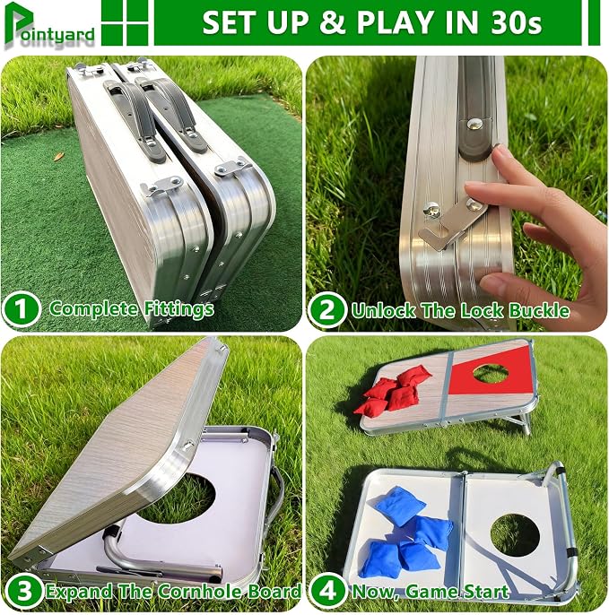 Portable Cornhole Board Set - Foldable Aluminum Frame Cornhole Game with 8 Bean Bags & Carrying Case for Adults & Families | Perfect for Outdoor Backyard, Beach & Party Camping (24x16 in)