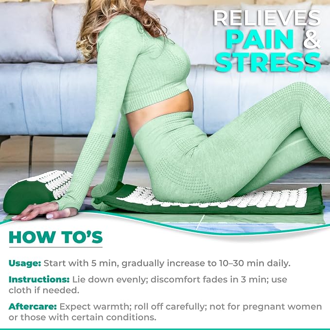 Sivan Back and Neck Pain Relief Acupressure Mat and Pillow Set, Chronic Back Pain Treatment - Relieves Your Stress of Lower Upper Back and Sciatic Pain - Green
