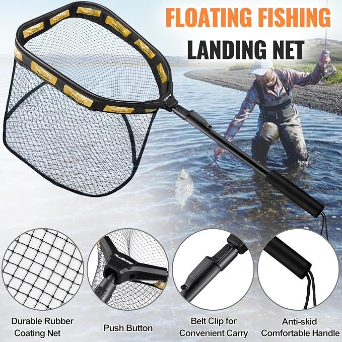PLUSINNO Floating Fishing Net for Steelhead, Salmon, Fly, Kayak, Catfish, Bass, Trout Fishing, Rubber Coated Foldable Landing Net with Fixed or Telescoping Pole Handle, Fishing Gear and Gifts for Men