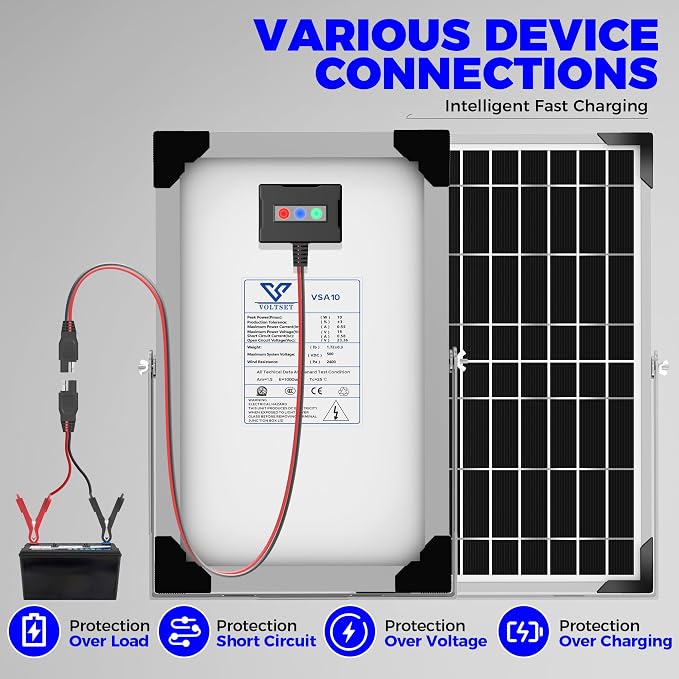 Voltset Solar Battery Trickle Charger: 10 Watt 12V Solar Panel Maintainer for Car Boat - Waterproof Monocrystalline Solar Charger with Controller for RV Marine Trailer Truck Motorcycle
