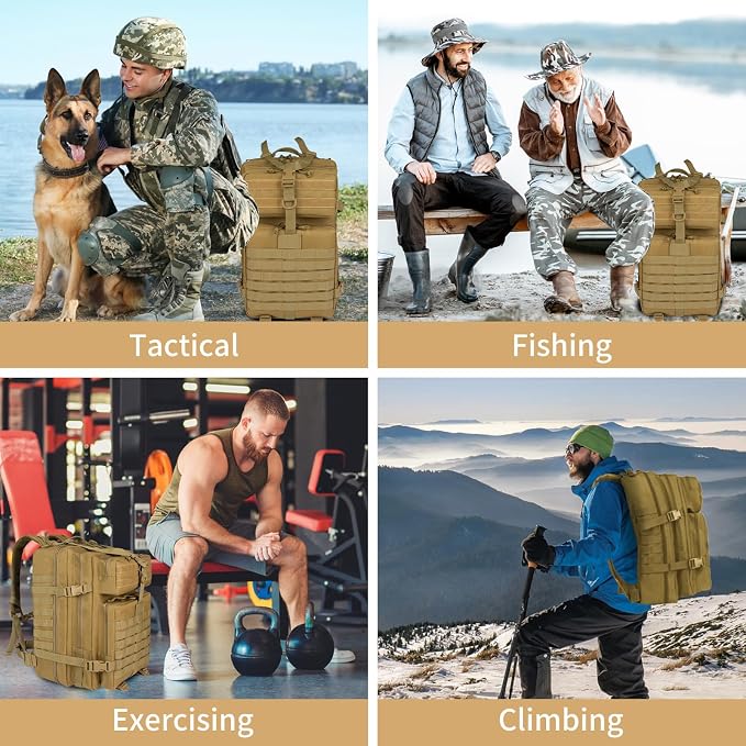 TBNBO 45l Large Fishing Tackle Backpack with Removable Plier Holder & Rod Holders, Khaki Tactical Bag, Fishing Gear and Tackle Box Organizer, Hiking Rucksack without Tackle Box