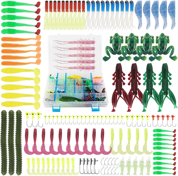 Pure Vie Fishing Topwater Lures Kits Mixed Universal Artificial Soft Baits Tackle Including Crankbaits, Spinnerbaits, Plastic Worms, Frogs, Hooks, Tackle Box - Freshwater Saltwater Fishing Equipment