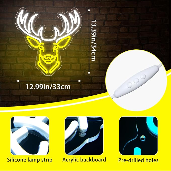 Deer Head Neon Sign for Wall Decor Deer Led Anime Neon Light for Man Cave | Dimmable Neon,Birthday Anime Gifts,5V USB Powered,Hunting Club,Bar,Shop Decor, Teen Boys Bedroom,Church Wall Art,13.3*14.1in