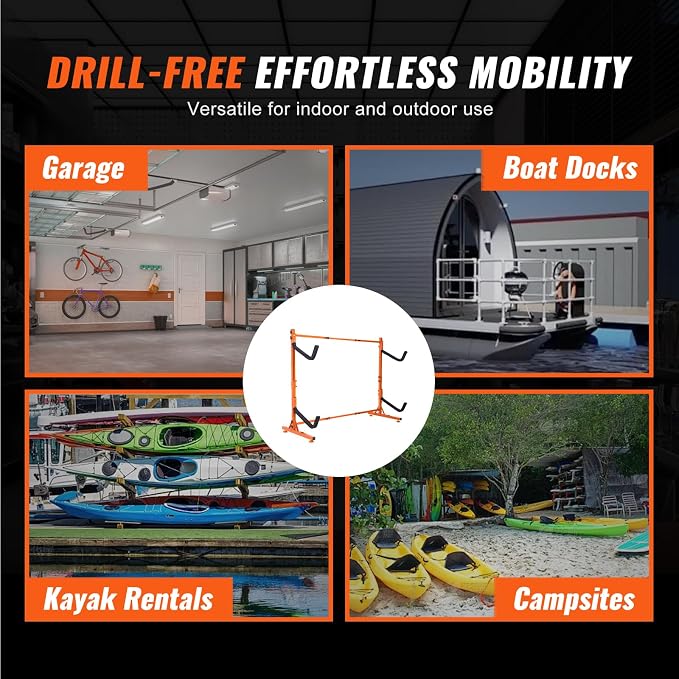 VEVOR Kayak Storage Rack, Heavy Duty Adjustable Freestanding Stand with Lockable Wheels for Indoor Outdoor Garage Shed Dock, Holder for Canoe, SUP, Surfboard & Paddleboard