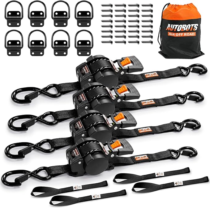 AUTOBOTS Retractable Ratchet Straps (4-Pack) 1” X 10ft (1,800lb Break Strength) - Heavy Duty Auto Self Tie Down Straps with (8) Tie Down Anchor for Cargo Trailer, Truck, Motorcycle, ATV, UTV