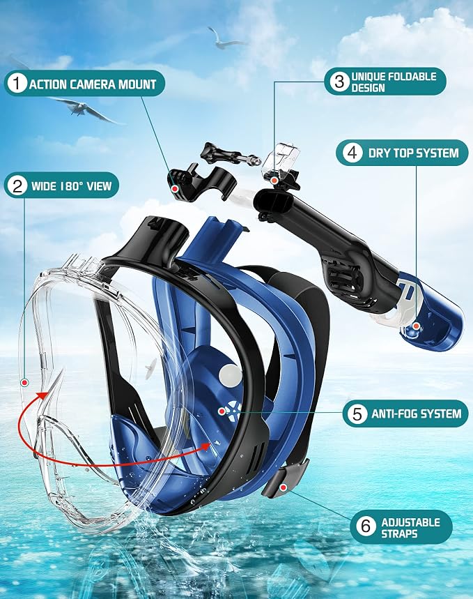 Greatever Full Face Snorkel Mask, Snorkeling Gear for Adults with Latest Dry Top Breathing System and Detachable Camera Mount, Foldable Snorkel Set for Family Snorkeling Trips, Anti-Fog & Anti-Leak
