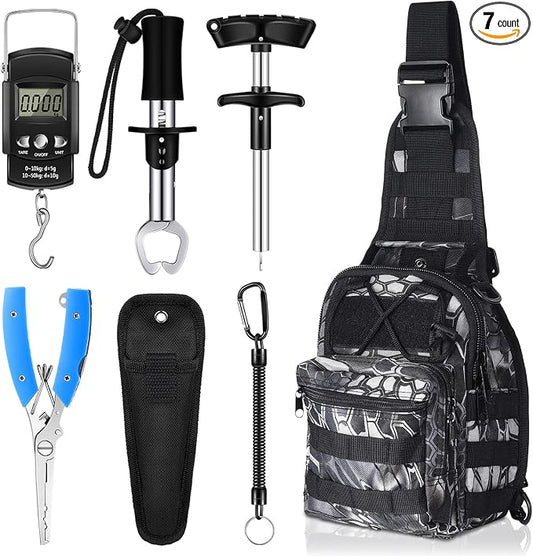 Hungdao 7 Pcs Fishing Backpack Tool Kit Fish Gear Fish Hook Pliers Remover Digital Scale Gripper Sheath Lanyards Hook Separator for Saltwater Freshwater Fishing Men Gift