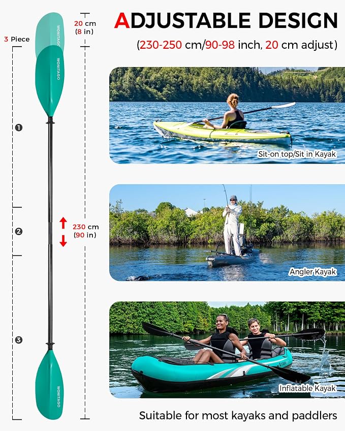 Kayak Paddle Carbon Fiber Shaft and Reinforced Nylon Blade, Adjustable Kayaking Oars, 3 Piece, 230-250 cm/90-98 Inches,210-230 cm/82-90 inches