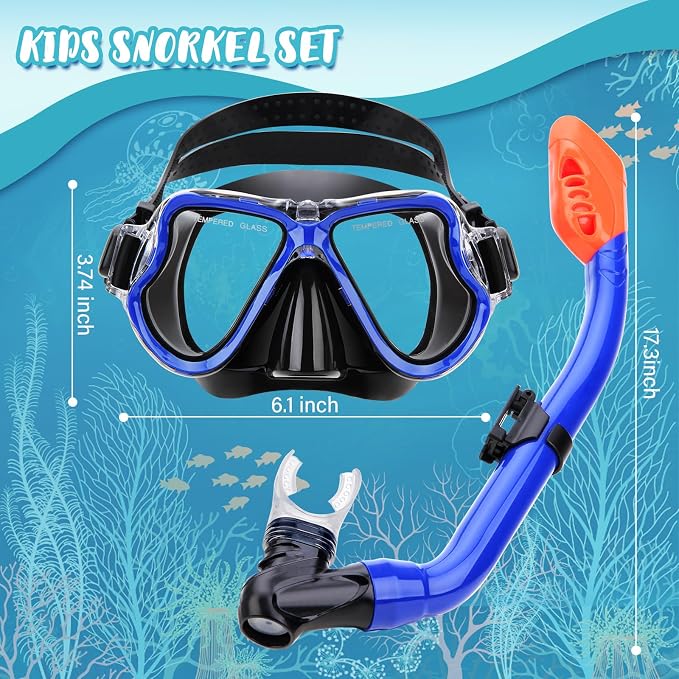 Snorkeling Gear for Kids, 4 in 1 Child Mask Fins Snorkel Set with Panoramic View Anti Fog Mask, Dry Top Snorkel, Trek Fins and Travel Bag, Kids Snorkeling Set with Fins for Snorkeling Swimming