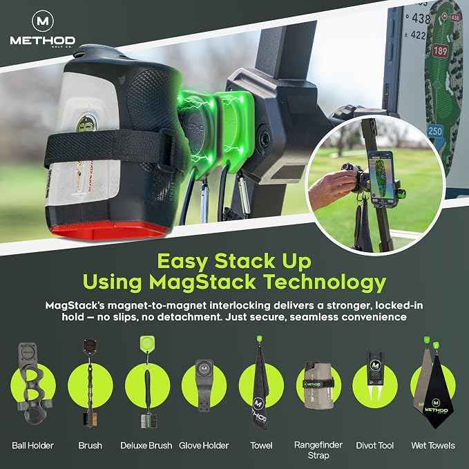 Method Golf RiderStack Tour Pack – Magnetic Golf Cart Phone Holder & Gear Hub with Magnetic Rangefinder Strap, Towel, Club Brush – Premium Accessories, Fits EZGO, Club Car & Yamaha