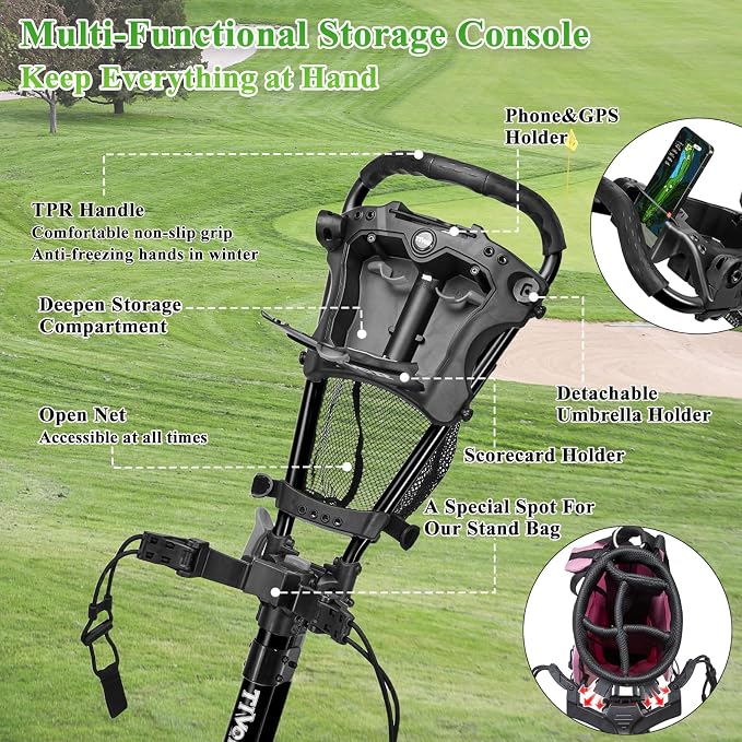 Tivor Lightweight Golf Push cart 3 Wheel,Foldable Golf Trolley for Adults and Junior with Ergonomic Adjustable Handle, Scorecard Holder, Umbrella Mount, Foot Brake, All-Terrain Wheels