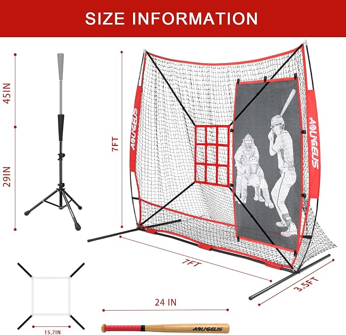 7'X7' Softball Practice Net - Pitching & Batting Net with Baseball Tee, Batter Dummy, Strike Zone & Bow Frame