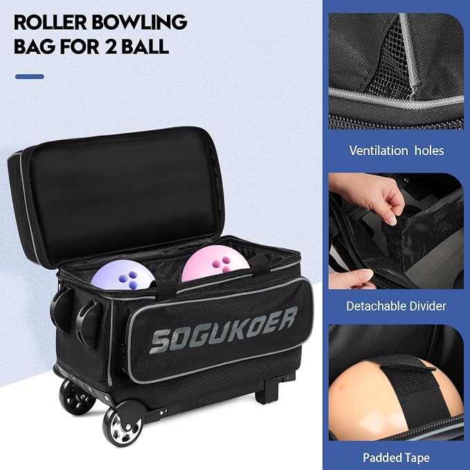 2 Bowling ball Bag with Wheels, Lightweight Trolley Double Ball Bowling bag with Large Separate Shoe Compartment and Oversized Accessory Pocket, Retractable Handle Extends To 39.5"
