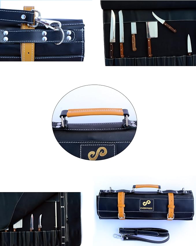 EVERPRIDE Premium Black Leather with Stunning Tawny Wheat Trim, Professional Chef Knife Roll and Bag for Knives, Sturdy Construction Chef Bag, Easy Carry Luxury Knife Case