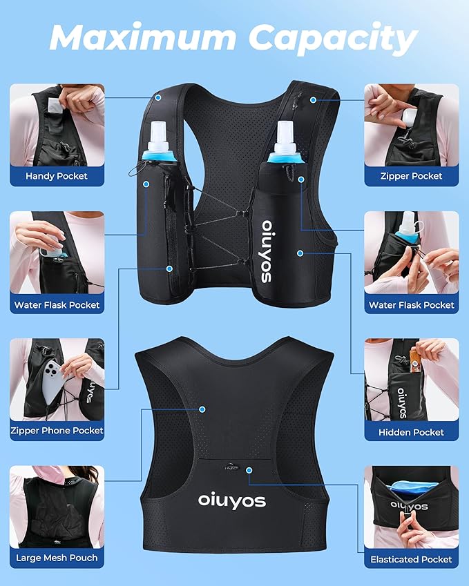 Running Vest for Women Men - Adjustable Chest Straps Running Hydration Vest with 500ml Soft Flask & Phone Holder - Lightweight Reflective Hydration Backpack for Runner Marathon Essentials