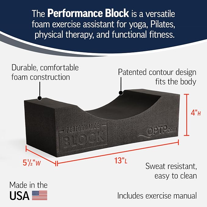 OPTP Performance Block – Contoured Foam Exercise Block for Yoga, Pilates & Physical Therapy - Core Strength, Stretching & Functional Fitness Support, Includes Exercise Guide, Made in the USA