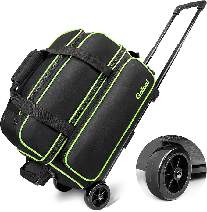 Goloni Double Roller 2 Ball Bowling Bag with Separate Shoe Compartment,2 Ball Bowling Bag with Wheels,Retractable Handle Extends to 40"