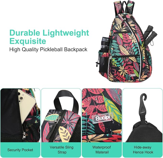 Sucipi Pickleball Bag - Men's & Women's Pickleball Backpack, Adjustable Sling Bag w/Fence Hook/Large Capacity/Safety Pocket