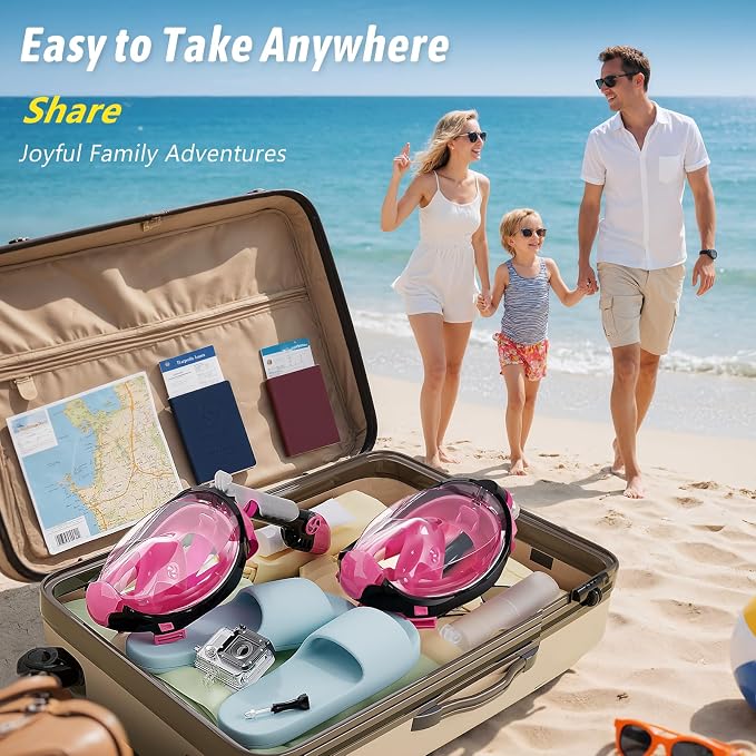 Greatever G2 Adults Kids Full Face Snorkel Mask 2 Pcs,Snorkeling Gear with Latest Dry Top System,Foldable 180 Degree Panoramic View,Safe Breathing,Anti-Leak&Anti-Fog Snorkeling Mask with Camera Mount
