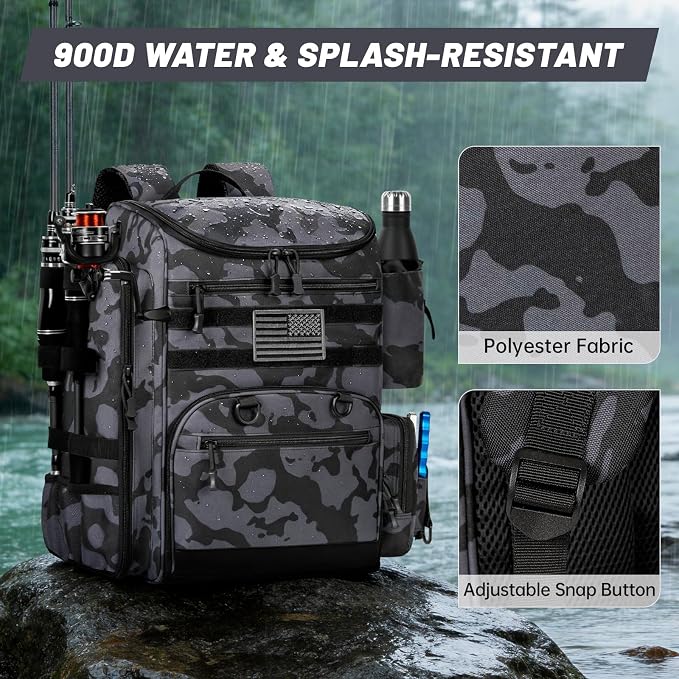 40L Fishing Backpack Water Resistant Fishing Tackle Bag with 2 Rod Holders, Tackle Storage Bag for Anglers（Black camo,Bag Only