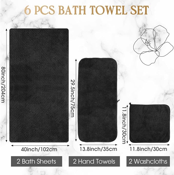 Peryiter Oversized Bath Towels Set of 6 for Adults 40x80 Inches Extra Large Bath Towel Sets Bathroom Sheets Jumbo Shower Towels Quick Dry Absorbent Soft Microfiber for Adults(Black)