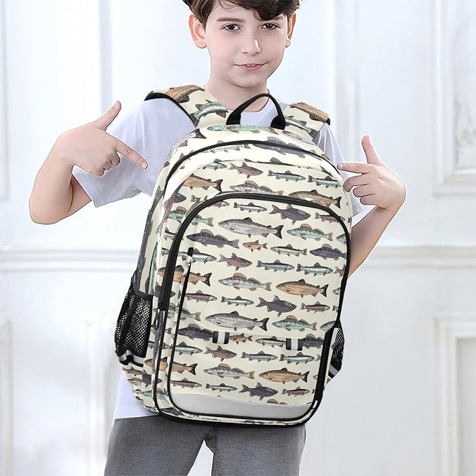Vintage Fishes School Backpack Laptop Travel Daypack for Kids Girls Boys, Personalized Computer Notebooks Bookbag with Adjustable Padded Straps