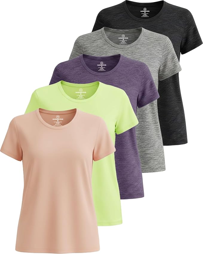 Real Essentials 5 Pack: Women's Short Sleeve T-Shirts Workout Tops Fitness Pilates Gym Activewear Athletic (Plus Available)