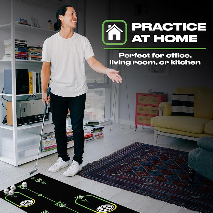 BACK 2 BASICS Golf Portable Putting Green Indoor Golf Putting Mat 10ft, Alignment Aid Trainer for Practice Indoor and Outdoor, Home or Office Compact Roll Target Gate Precision Control Tool