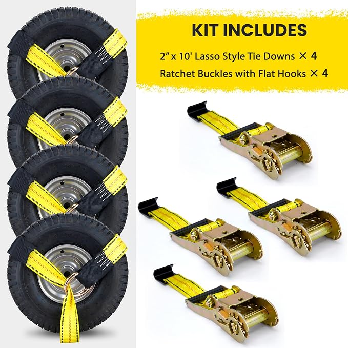 Tire Straps for A Car Trailer, Wheel Tie Down Strap 2" x 10' with Snap Hooks, Car Hauler Wheel Strap for 3300 Pound Safe Working Load