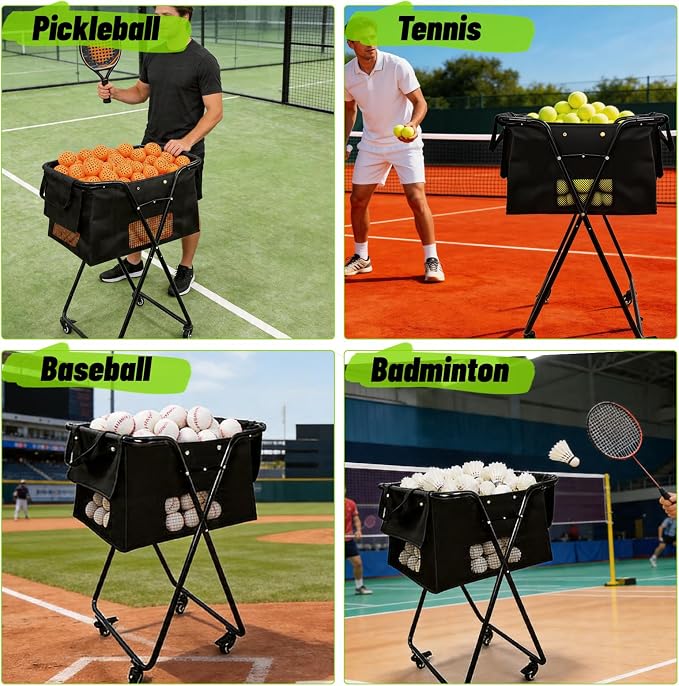 Tennis Ball Hopper Cart with 4 Wheels，Foldable Large Capacity Pickleball Tennis Ball Collector for Court Training, Coaching