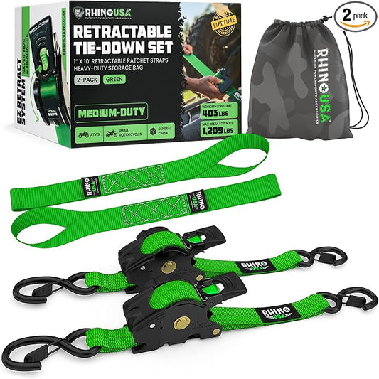 Rhino USA Retractable Ratchet Straps (2-Pack) - 1 Inch x 10 Feet (1,209lb Break Strength) - Auto Self Retracting Tie Down Straps for Truck, Cargo Trailer, Motorcycle, ATV, UTV - Green