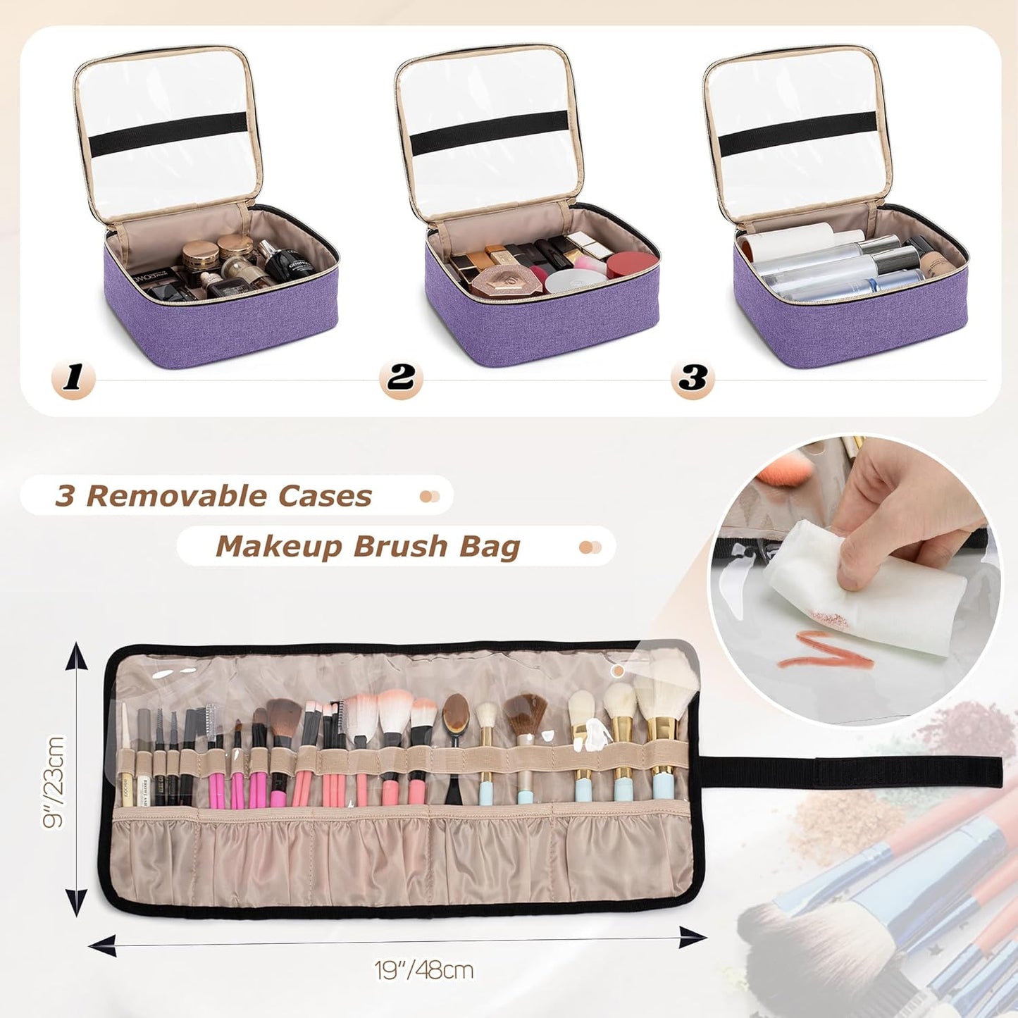 LUXJA Rolling Makeup Case with 3 Removable Pouches and 1 Makeup Brush Bag, Large Makeup Bag Cosmetic Bag with Detachable Dolly (Patented), Purple