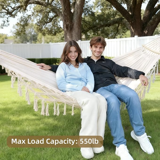 Portable Double Hammock, Hanging Hammock with Tassels and Fishtail Knitting, 550LB Capacity, 320GSM Hanging Bed with Set Full Accessories for Outdoor Camping Patio Balcony Beige