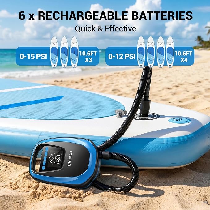 kosmegal Paddle Board Pump Electric Portable, SUP Pump for Paddleboard, 20PSI Air Compressor with Auto-Off, Deflation Function for Inflatables, Kayaks and Boats