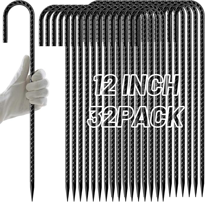 AAGUT Rebar Stakes 12 Inch 32 Pack, J Hook Premium Black Coated Ground Garden Anchors Heavy Duty, Superior Rust Resistance Chain Link Fence Stakes for Camping Tent, Inflatables, Lawn Decor